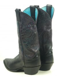 Justin Black Leather Cowboy Western Boots Tooled Purple Blue US Made Women