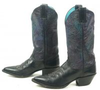 Justin Black Leather Cowboy Western Boots Tooled Purple Blue US Made Women