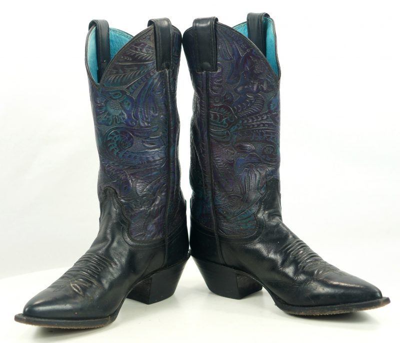 Justin Black Leather Cowboy Western Boots Tooled Purple Blue US Made Women