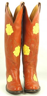 Justin Caramel Leather 18-Inch Tall Cowboy Boots Inlay Yellow Roses Women