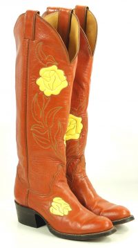 Justin Caramel Leather 18-Inch Tall Cowboy Boots Inlay Yellow Roses Women