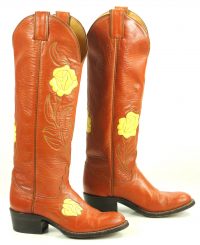 Justin Caramel Leather 18-Inch Tall Cowboy Boots Inlay Yellow Roses Women