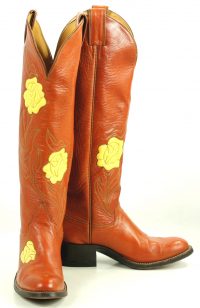 Justin Caramel Leather 18-Inch Tall Cowboy Boots Inlay Yellow Roses Women