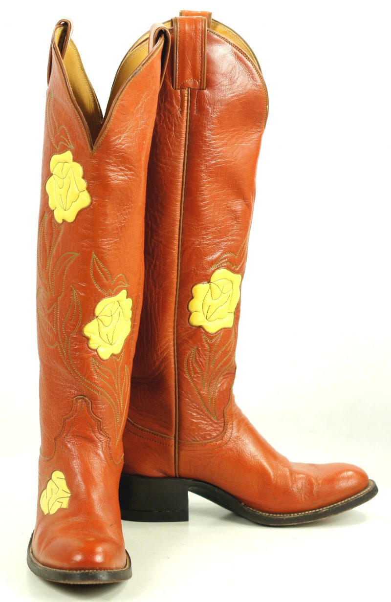 Justin Caramel Leather 18-Inch Tall Cowboy Boots Inlay Yellow Roses Women