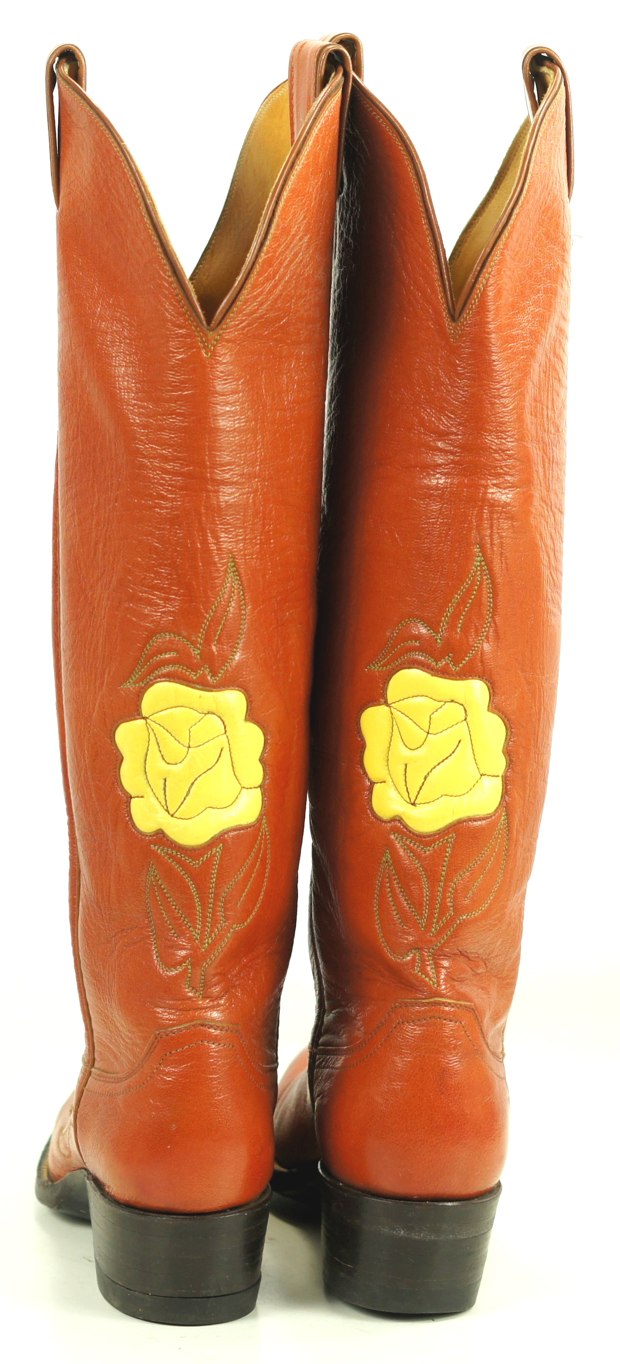 Justin Caramel Leather 18-Inch Tall Cowboy Boots Inlay Yellow Roses Women