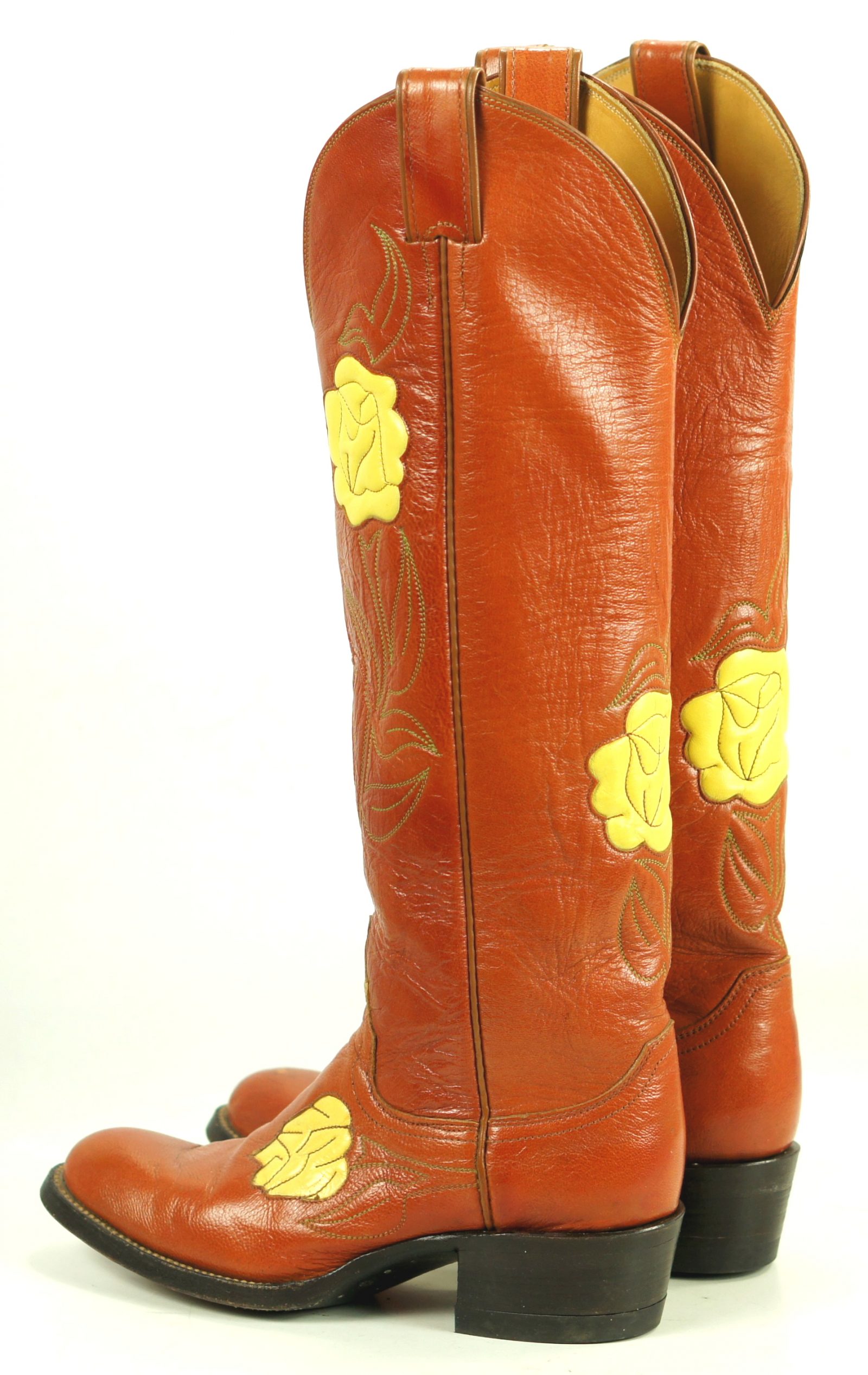 Justin Caramel Leather 18-Inch Tall Cowboy Boots Inlay Yellow Roses Women