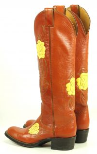 Justin Caramel Leather 18-Inch Tall Cowboy Boots Inlay Yellow Roses Women