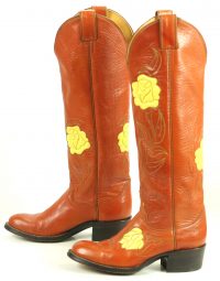 Justin Caramel Leather 18-Inch Tall Cowboy Boots Inlay Yellow Roses Women