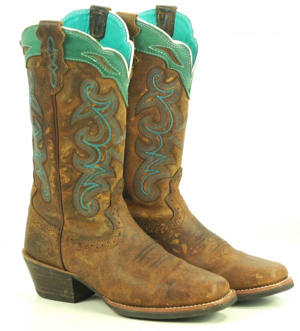 Justin Distressed Brown And Turquoise Leather Cowboy Western Boots Women
