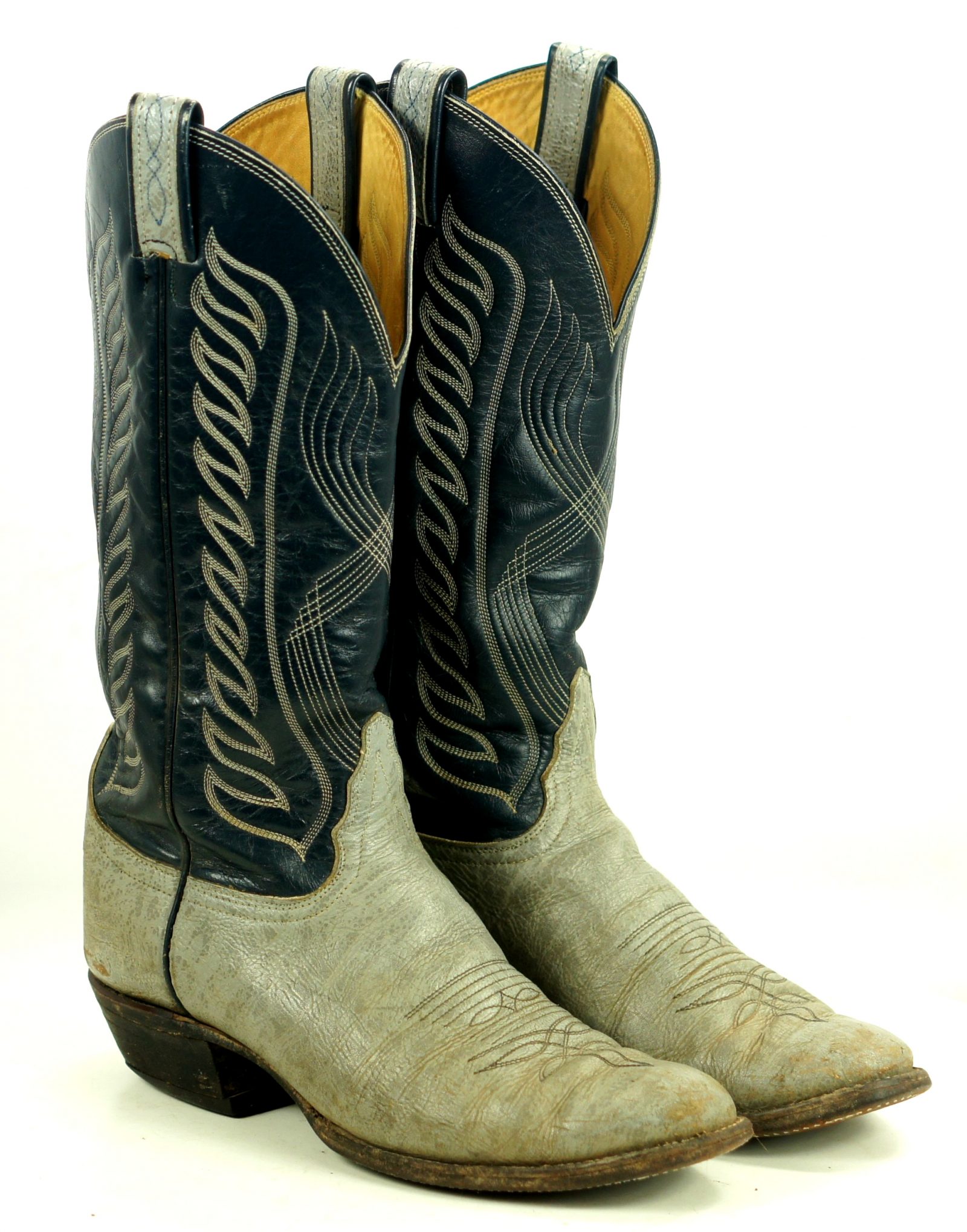 Tony Lama Gray Navy Leather Cowboy Boots Vintage Black Label US Made Men