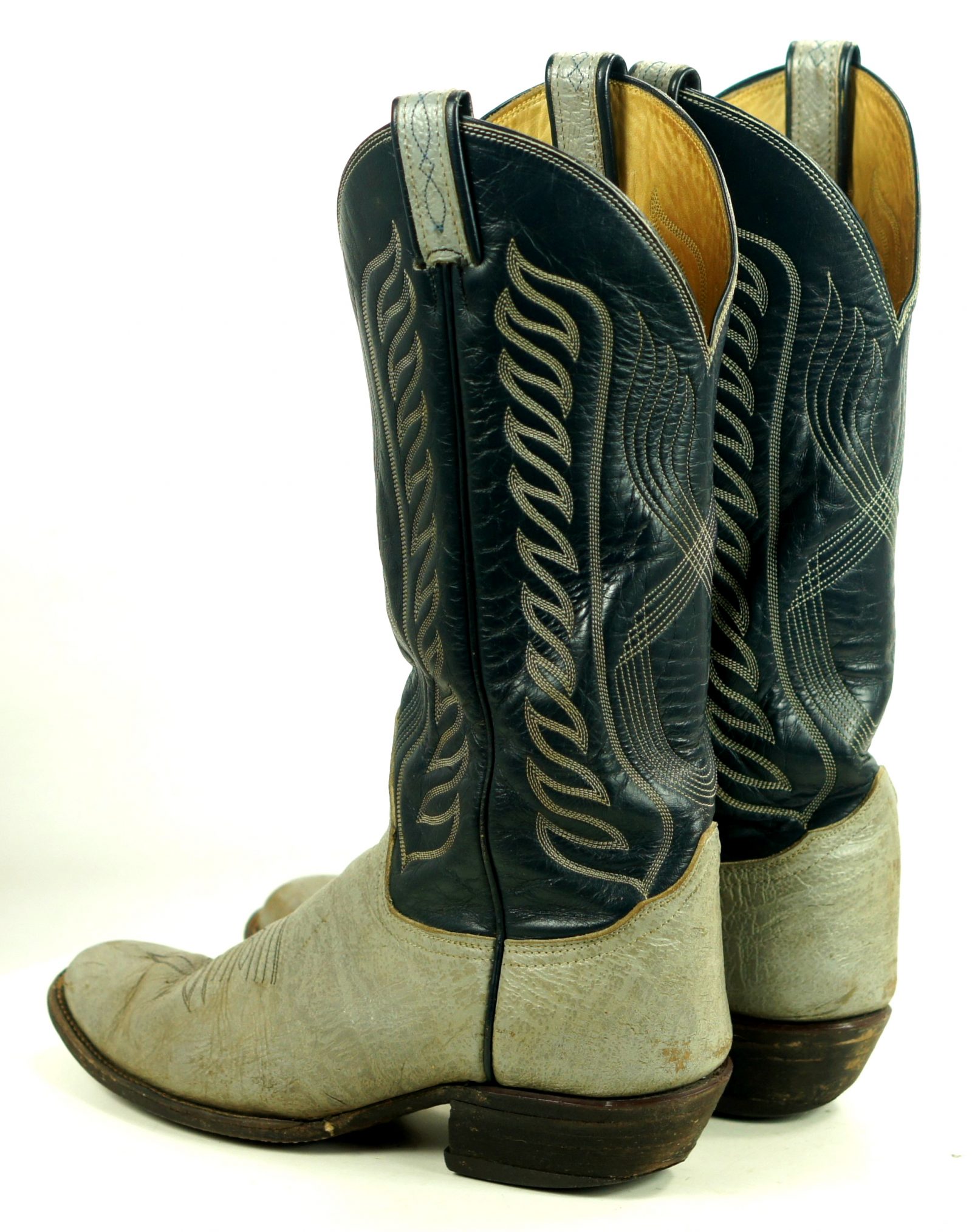 Tony Lama Gray Navy Leather Cowboy Boots Vintage Black Label US Made Men
