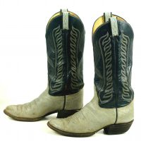 Tony Lama Gray Navy Leather Cowboy Boots Vintage Black Label US Made Men