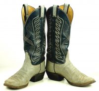 Tony Lama Gray Navy Leather Cowboy Boots Vintage Black Label US Made Men