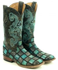 Ferrini Turquoise & Gray Patchwork Leather Cowboy Boots 6-Row Stitch Women