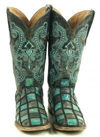 Ferrini Turquoise & Gray Patchwork Leather Cowboy Boots 6-Row Stitch Women