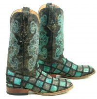 Ferrini Turquoise & Gray Patchwork Leather Cowboy Boots 6-Row Stitch Women