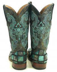 Ferrini Turquoise & Gray Patchwork Leather Cowboy Boots 6-Row Stitch Women