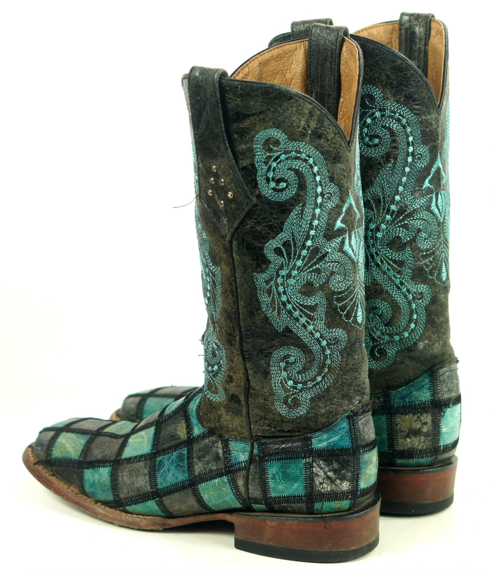 Ferrini Turquoise & Gray Patchwork Leather Cowboy Boots 6-Row Stitch Women