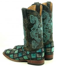 Ferrini Turquoise & Gray Patchwork Leather Cowboy Boots 6-Row Stitch Women