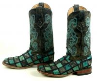 Ferrini Turquoise & Gray Patchwork Leather Cowboy Boots 6-Row Stitch Women