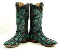 Ferrini Turquoise & Gray Patchwork Leather Cowboy Boots 6-Row Stitch Women