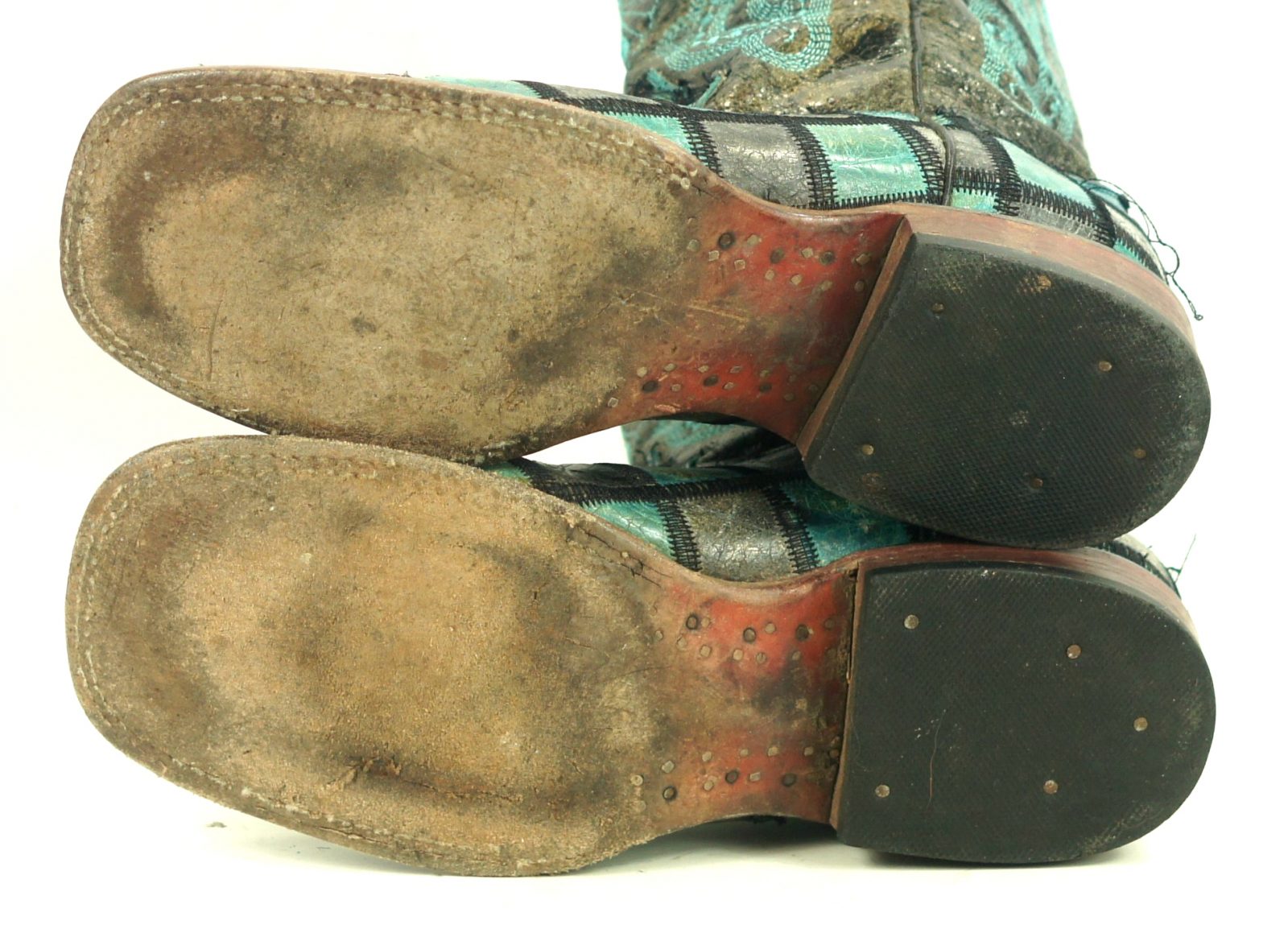 Ferrini Turquoise & Gray Patchwork Leather Cowboy Boots 6-Row Stitch Women