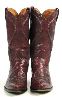 Dan Post Burgundy Leather Cowboy Boots Braided Trim Spain Vintage 80s Men (4)