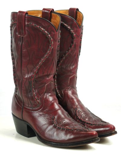 Dan Post Burgundy Leather Cowboy Boots Braided Trim Spain Vintage 80s Men (5)