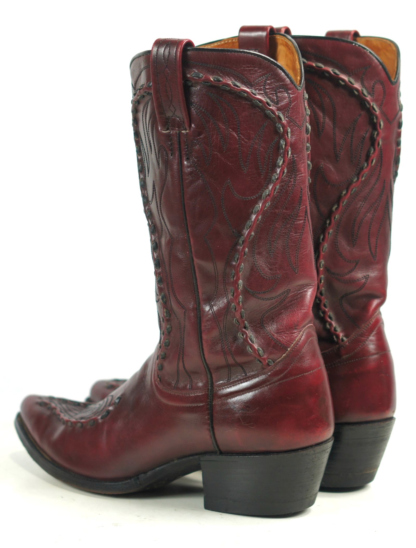 Dan Post Burgundy Leather Cowboy Boots Braided Trim Spain Vintage 80s Men (8)