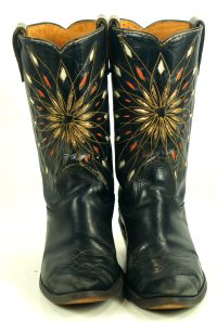 Dodge City Black Leather Cowboy Boots Inlay Gold Sunburst Vintage 50s 60s Men