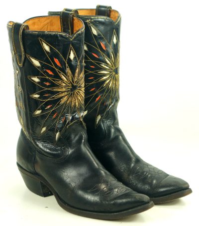 Dodge City Black Leather Cowboy Boots Inlay Gold Sunburst Vintage 50s 60s Men