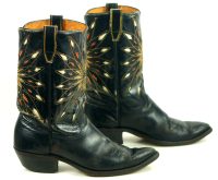 Dodge City Black Leather Cowboy Boots Inlay Gold Sunburst Vintage 50s 60s Men