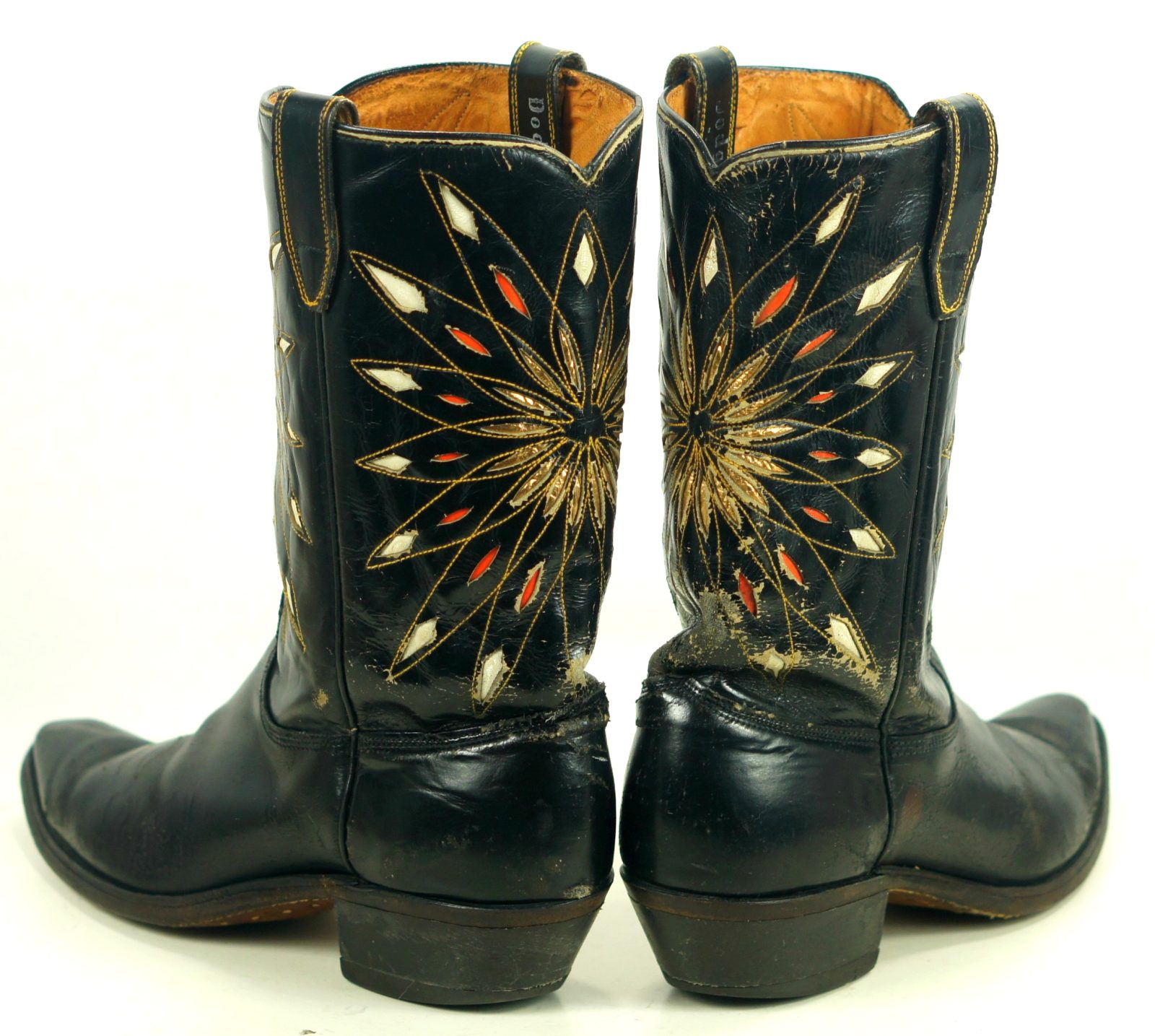 Dodge City Black Leather Cowboy Boots Inlay Gold Sunburst Vintage 50s 60s Men