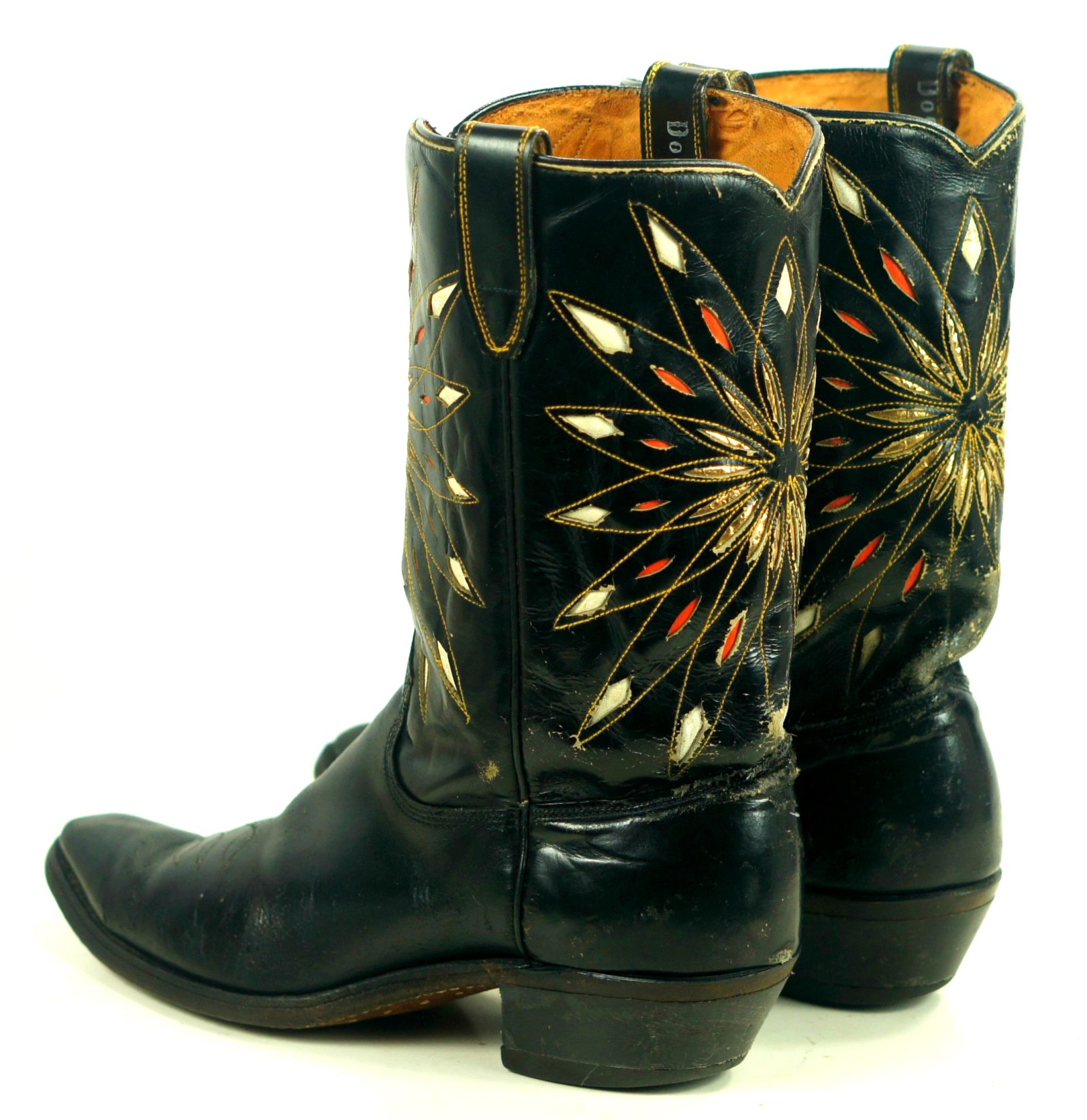 Dodge City Black Leather Cowboy Boots Inlay Gold Sunburst Vintage 50s 60s Men