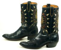 Dodge City Black Leather Cowboy Boots Inlay Gold Sunburst Vintage 50s 60s Men