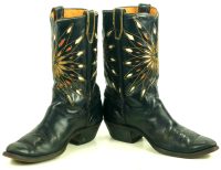 Dodge City Black Leather Cowboy Boots Inlay Gold Sunburst Vintage 50s 60s Men