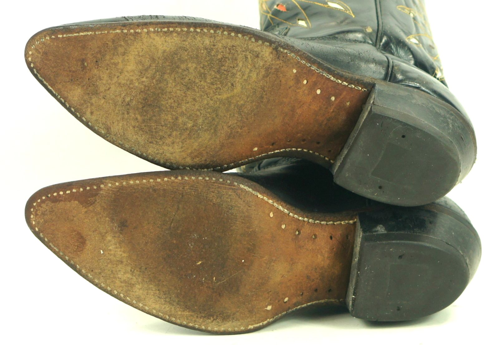 Dodge City Black Leather Cowboy Boots Inlay Gold Sunburst Vintage 50s 60s Men