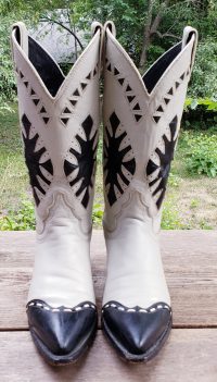 Justin White Cowboy Boots Vintage US Made Navy Blu WIngtips Inlays MINT Women