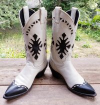 Justin White Cowboy Boots Vintage US Made Navy Blu WIngtips Inlays MINT Women