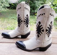 Justin White Cowboy Boots Vintage US Made Navy Blu WIngtips Inlays MINT Women