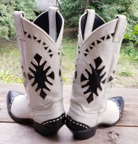 Justin White Cowboy Boots Vintage US Made Navy Blu WIngtips Inlays MINT Women