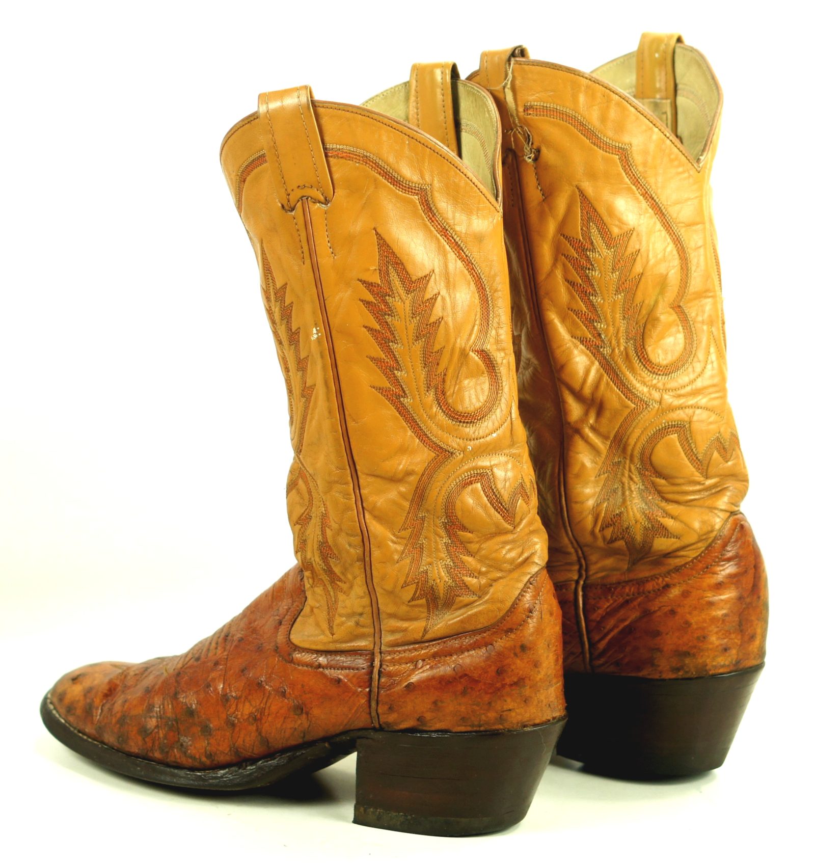 Larry Mahan Full Quill Ostrich Distressed Cowboy Boots Vintage US Made Men