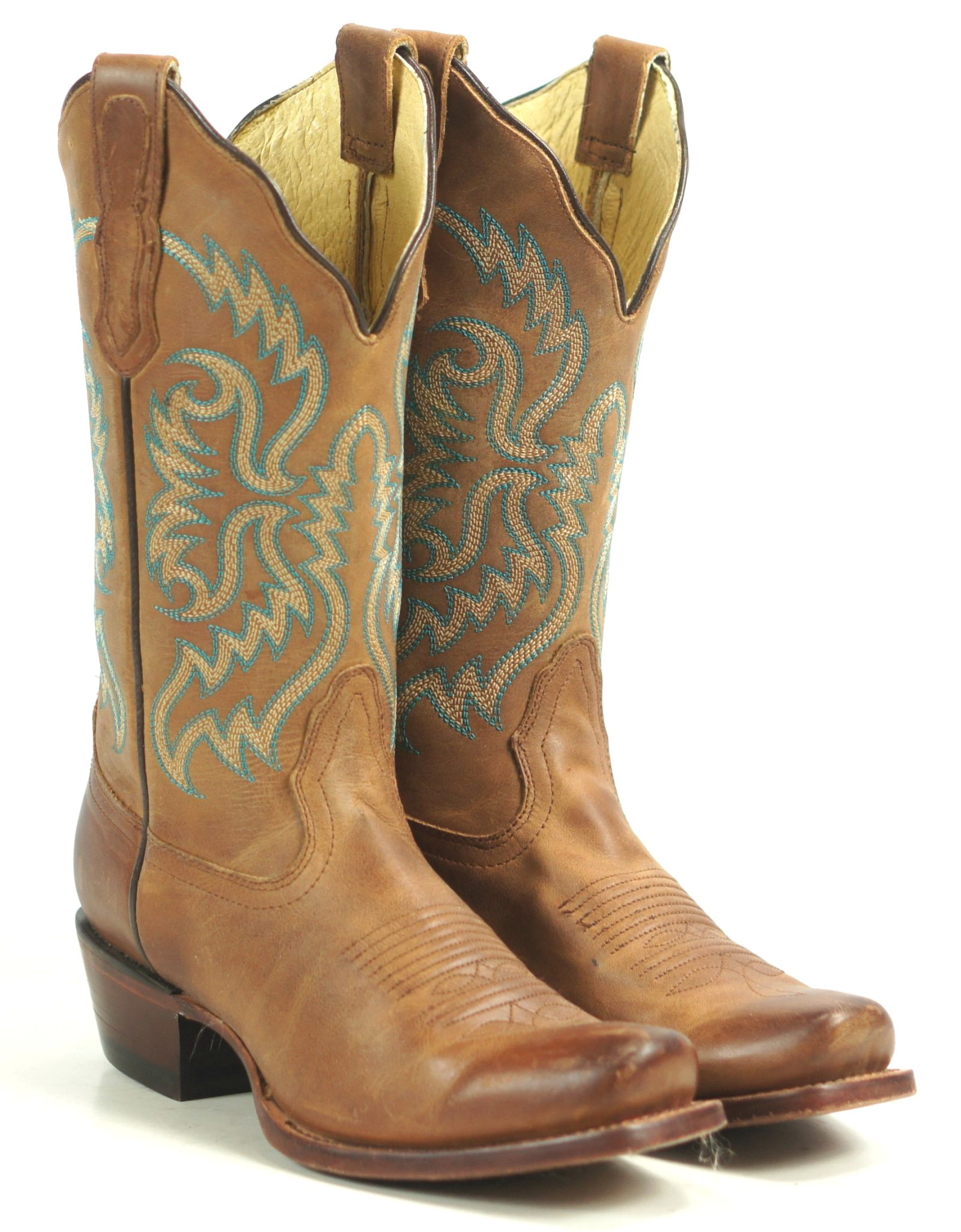 Nocona-Distressed-Brown-Leather-Cowboy-Boots-8-Row-Turquoise-Stitch-Womens-