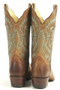 Nocona Distressed Brown Leather Cowboy Boots 8-Row Turquoise Stitch Women
