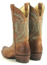 Nocona Distressed Brown Leather Cowboy Boots 8-Row Turquoise Stitch Women