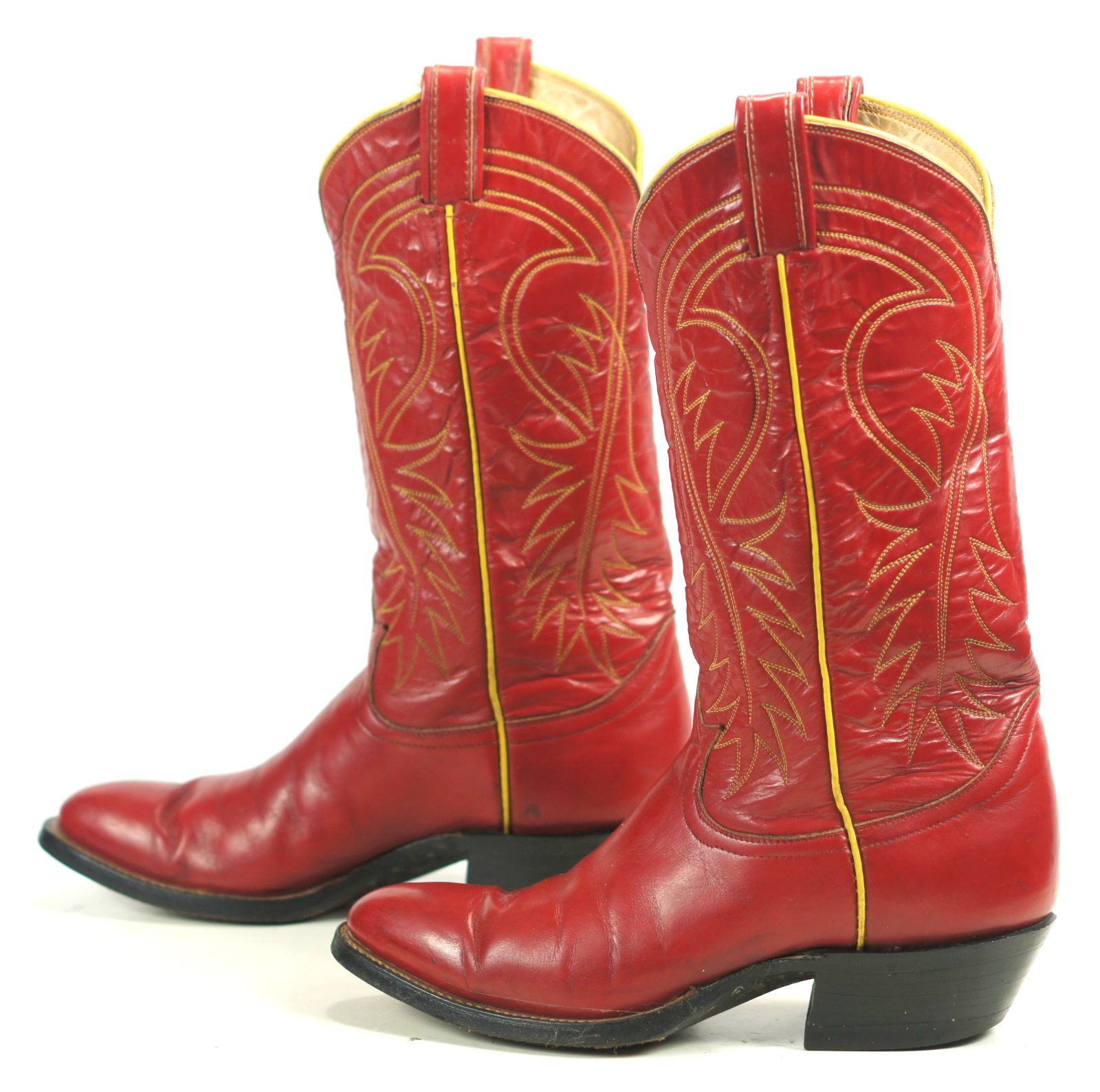 Tony Lama Red Cowboy Boots Yellow Piping Vintage Black Label US Made Women
