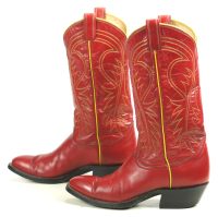 Tony Lama Red Cowboy Boots Yellow Piping Vintage Black Label US Made Women