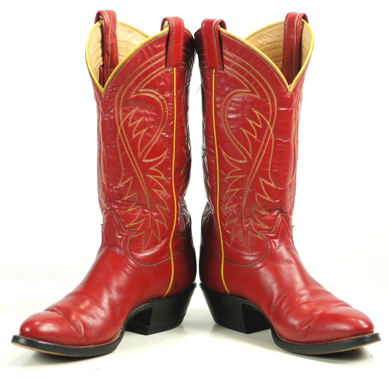 Tony Lama Red Cowboy Boots Yellow Piping Vintage Black Label US Made Women