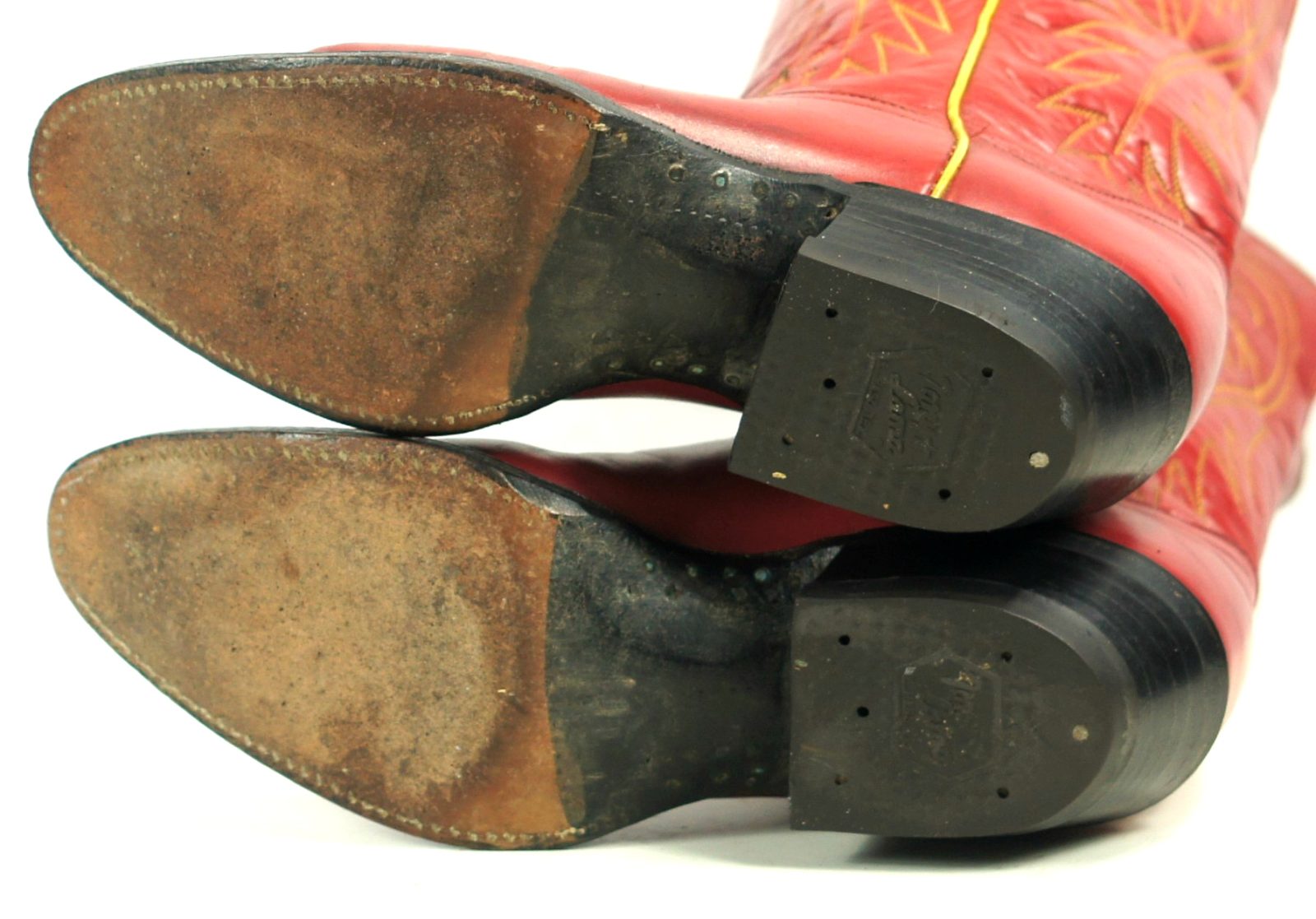 Tony Lama Red Cowboy Boots Yellow Piping Vintage Black Label US Made Women