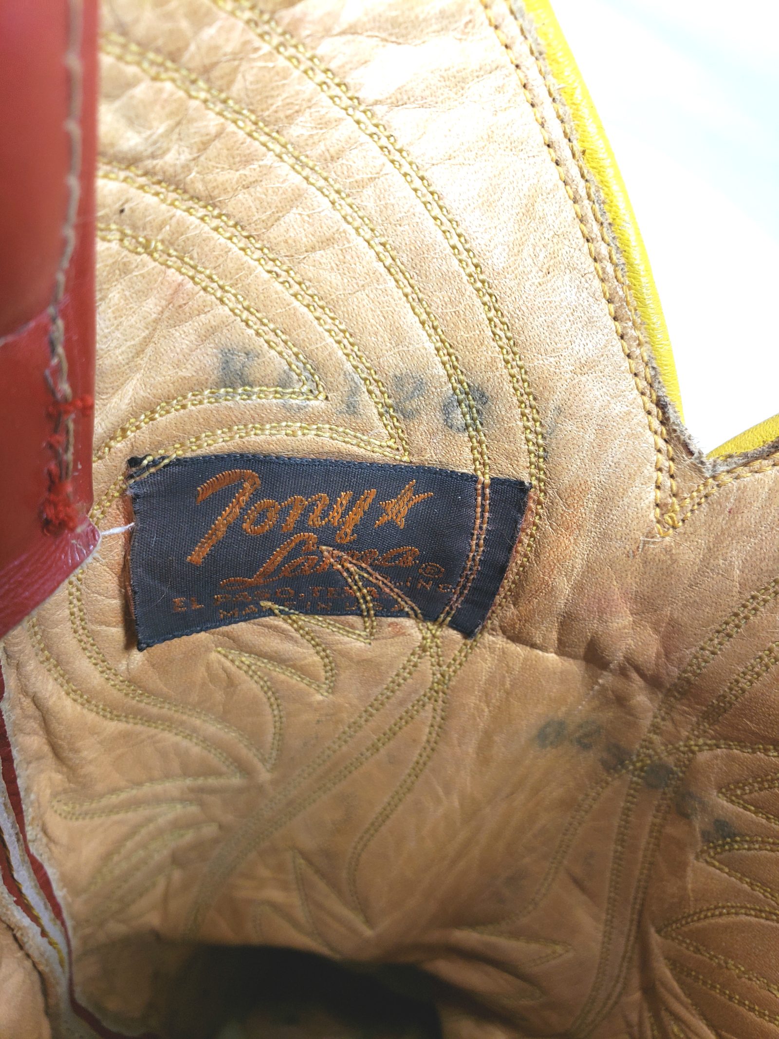 Tony Lama Red Cowboy Boots Yellow Piping Vintage Black Label US Made Women